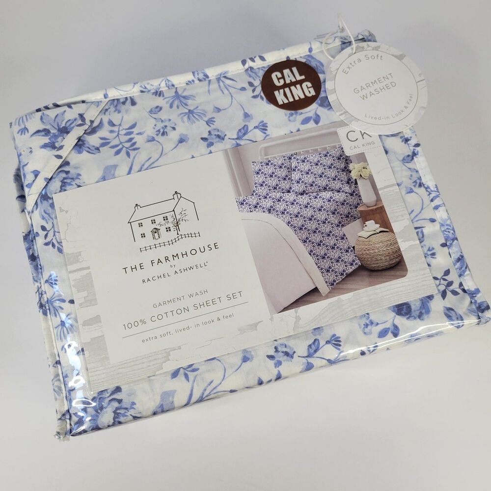 Rachel Ashwell Farmhouse Shabby Chic CAL KING Sheet Set White Blue Floral Cotton